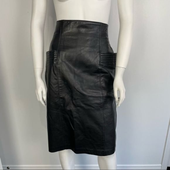 Vintage?80s?Dominic Bellissimo High Waisted Black Leather Skirt - Picture 2 of 16